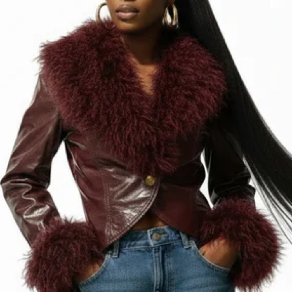 Burgundy Faux Fur Trim Leather Jacket